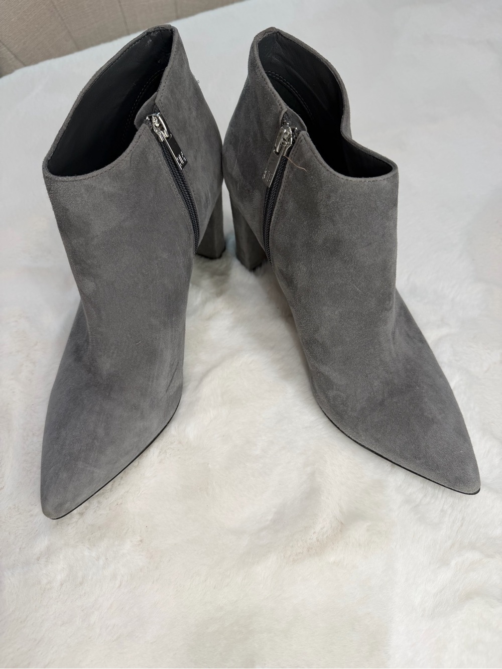 Ivanka Trump Gray Suede Pointed Ankle Booties with Side Zipper